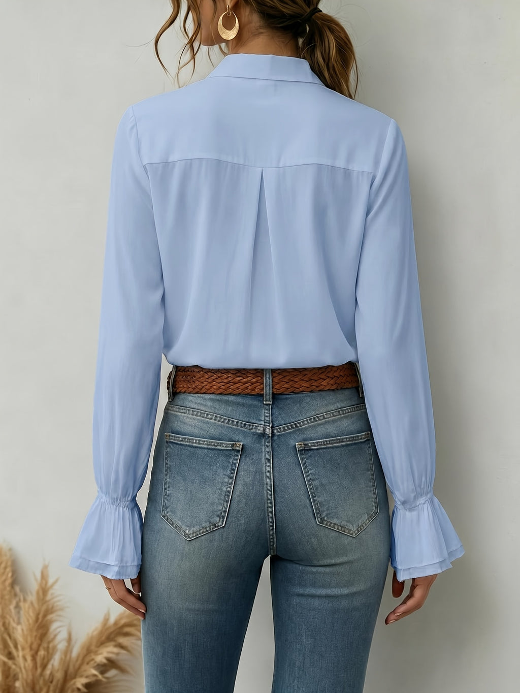 Women'S Solid Elegant Ruffled Button-Up Long Sleeve Shirt - Light Blue