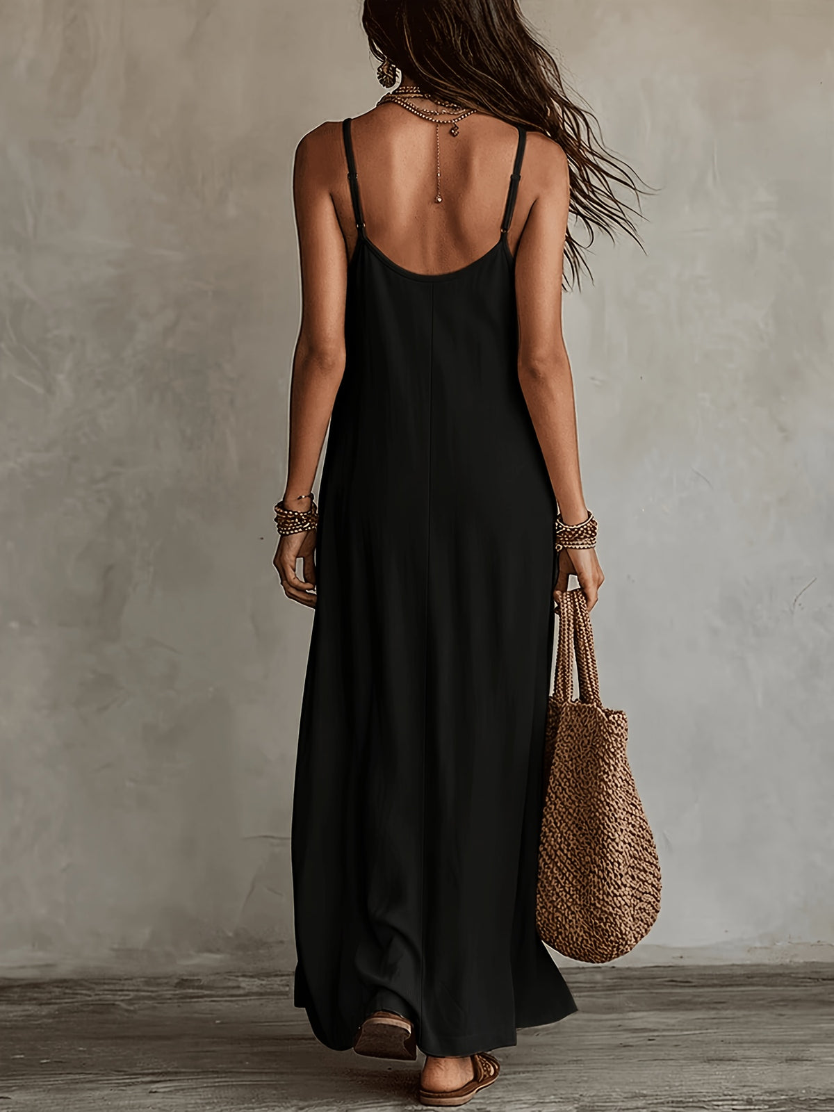 Women'S Spaghetti Strap Maxi Dress, V-Neck Loose Flowing Long Dress, Bohemian Casual Beach Vacation Summer Beach Dress - Black