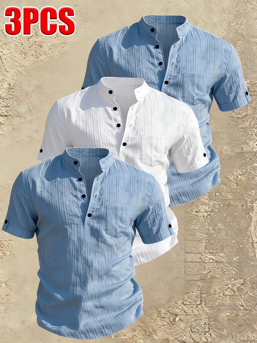 Men's Stand Collar Henley Short Sleeve Shirt 3pcs, Vertical Stripe Texture Half-Button with Pocket Top, Summer Breathable Casual Vacation 3pcs Versatile Men's Shirt Set - Blue + Blue + White