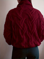 Valentine'S Day Festive Atmosphere Outfit for Women, Featuring a Lightweight, Sheer, Semi-Turtleneck Sweater with a Hollow Design, Perfect for a Relaxed, Soft, And Loose Style for Autumn And Winter - Deep Red