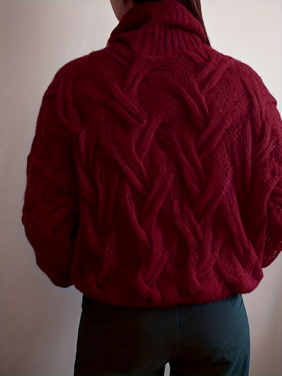 Valentine'S Day Festive Atmosphere Outfit for Women, Featuring a Lightweight, Sheer, Semi-Turtleneck Sweater with a Hollow Design, Perfect for a Relaxed, Soft, And Loose Style for Autumn And Winter - Deep Red