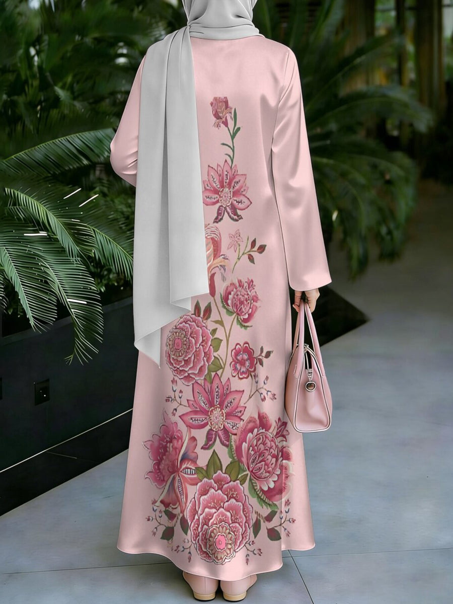 Women's Middle Eastern Style Muslim Elegant Robe, Pink Large Peony Botanical Print Gown, Loose A-Line Flared Long Sleeve, for Home, Prayer, and Outings, Skin-Friendly and Smooth Non-Embroidered Craft, Multi-Size Muslim Long Dress - Mixed colors