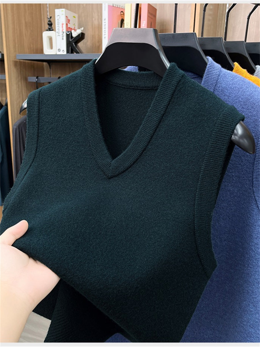 Autumn/Winter Knitted Solid Color V-Neck Sweater, Basic Knit Pullover, Men's Fashion Knit Vest ZYR - Blackish Green