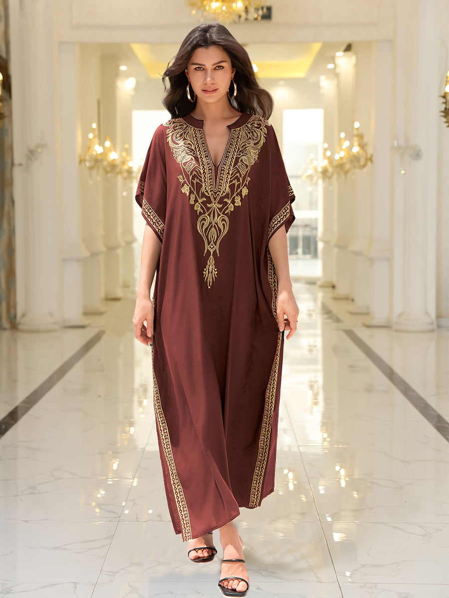 2025 Summeer Chic Golden Embroidered Sexy V-neck Bat Sleeves Side Slits Dress for Women Elegant Resort Robe Q1735 - The color of rouge