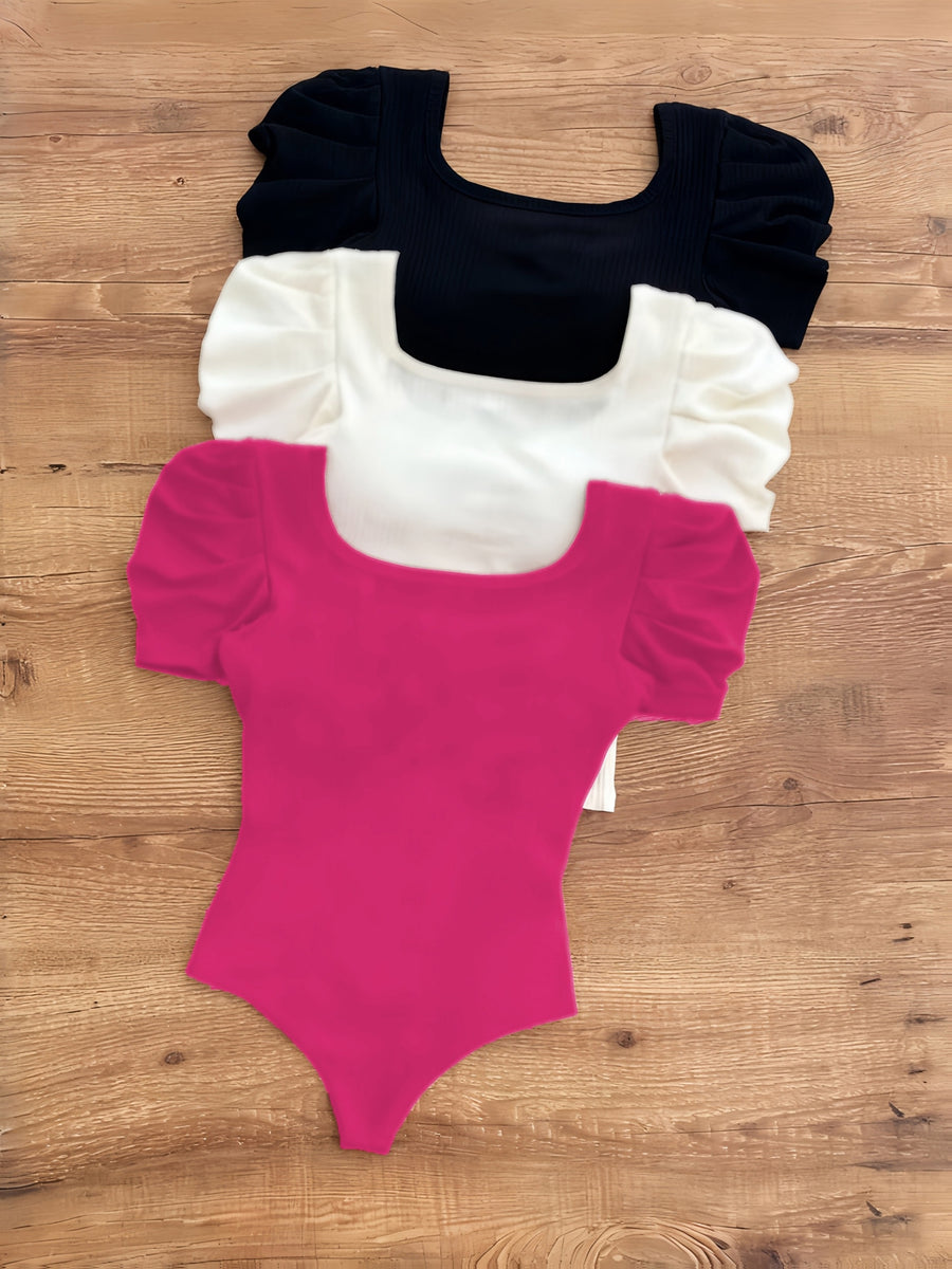 3-Pack Elegant Square Neck High-Elasticity Short Sleeve Tops for Women | Spring/Fall, Solid Color, Regular Fit - Black+White+Magenta