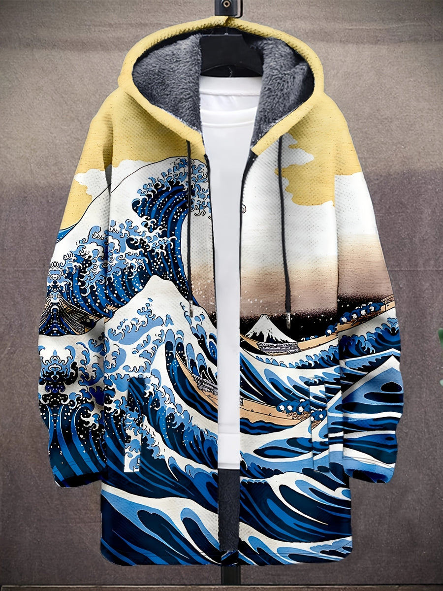 Vintage Japanese Art Wave Pattern Printed Fashion Men's Plush Thick Long-Sleeved Cardigan Coat Winter Warm Zipper Hooded Coat - Off-white