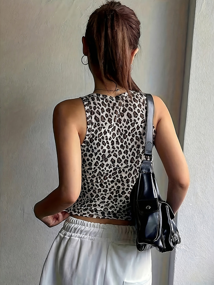 European And American Summer New Women'S Sleeveless Casual Leopard Print Slim Short Top Sexy Printed Vest - White Leopard Print