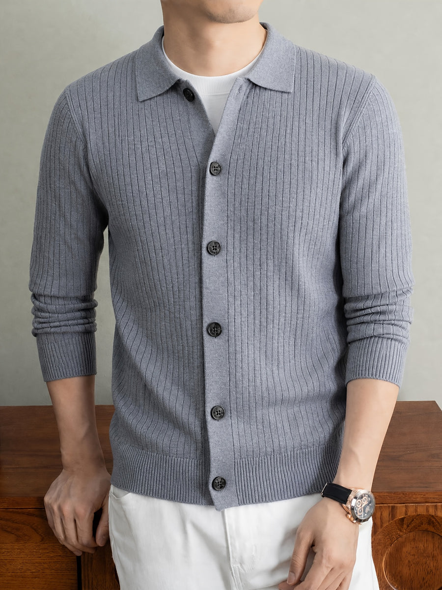 Men's Thick Knit Cardigan for Autumn & Winter, Classic Polo Collar, Solid & Striped Minimal Design, Old Money Style Warm Soft Sweater, Ideal Gift for Dad - Light Grey
