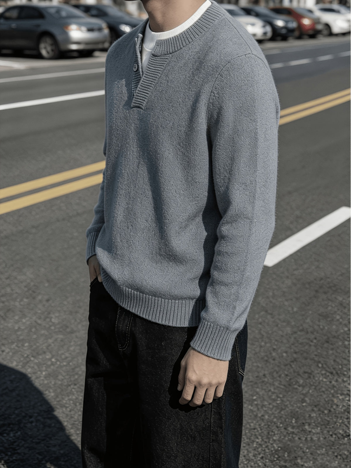 Men'S Thickened Button-Up Knit Sweater Off-Shoulder Sleeve Solid Color Pullover Top, Light Mature Casual Style, Winter Daily Commute Inner Outerwear Sweater - Grey