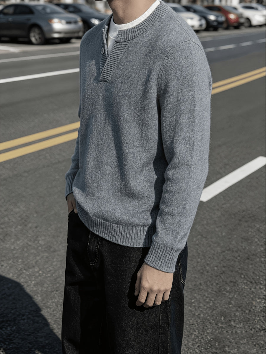 Men'S Thickened Button-Up Knit Sweater Off-Shoulder Sleeve Solid Color Pullover Top, Light Mature Casual Style, Winter Daily Commute Inner Outerwear Sweater - Grey