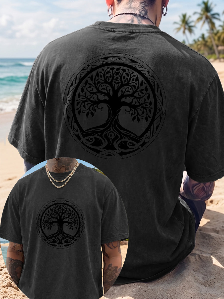 Short Sleeve T-Shirt Men'S Loose Washed Distressed Tree of Life Round Totem Trendy Double-Sided Print 12 Colors Random Match American Street High Street Hip-Hop Top Casual Outing Commuting Sports Fitness Couple Style Statement Y2K National Trend Sho - Black
