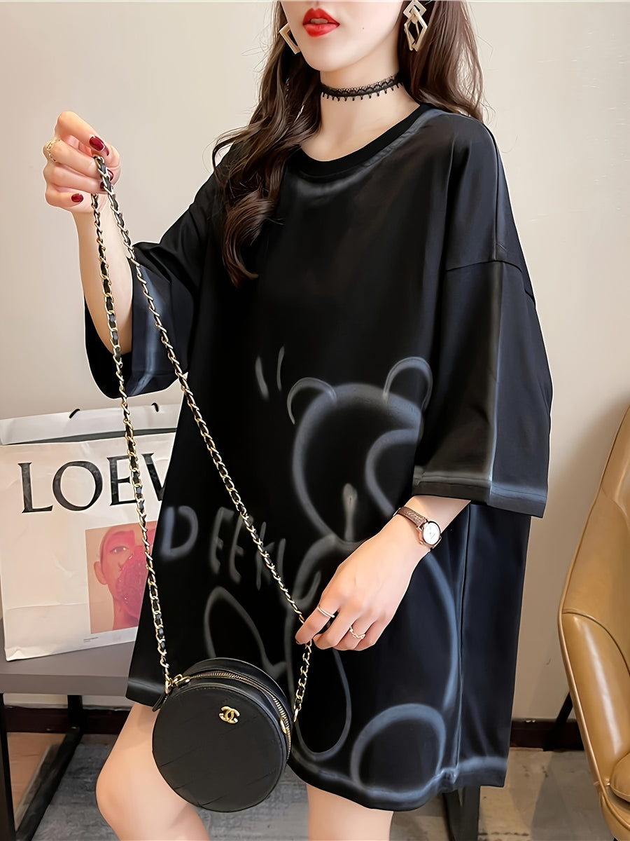 Summer New Large Size Loose Fashion Trend Slim Cartoon Round Neck Print Ladies Women'S Medium And Long Short-Sleeved T-Shirt Clothes - Black