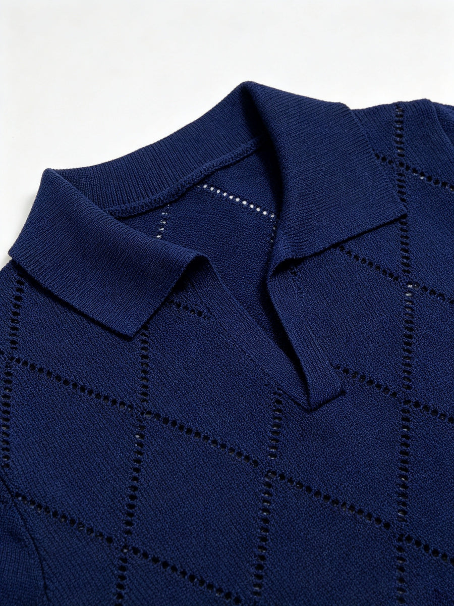 Men's Polo Collar Short Sleeve Knit Shirt, Textured Knit Top, V-Neck Lapel, Breathable Casual Pullover - Navy Color
