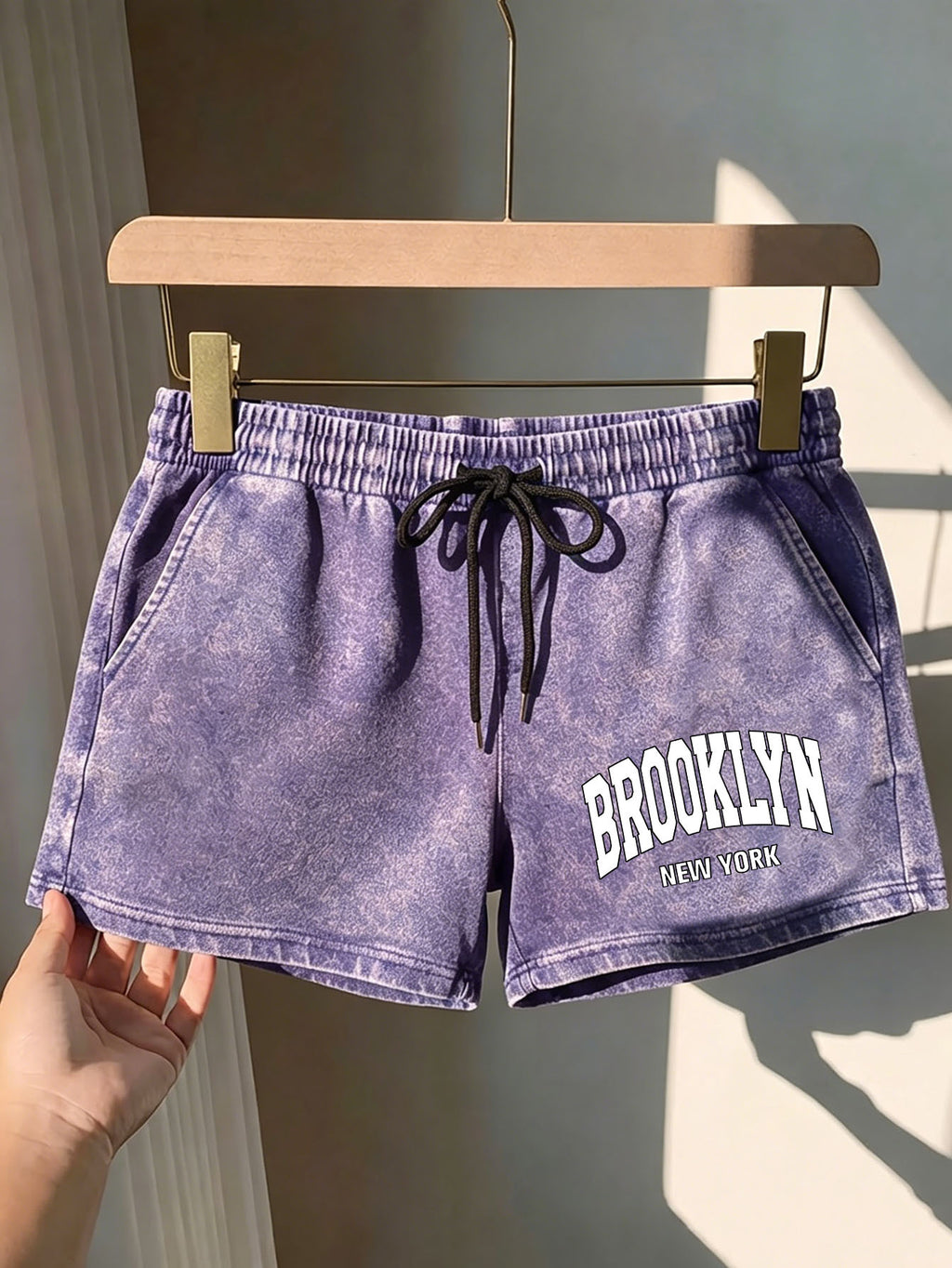 Summer Trendy Fashion Women'S Distressed Washed Shorts "BROOKLYN NEW YORK" Printed American Retro Preppy Style Comfortable for Hot Weather, with Adjustable Drawstring Waist And Pockets, Classic Silhouette, Comfortable Fit, Machine Washable Shorts - Dark Violet