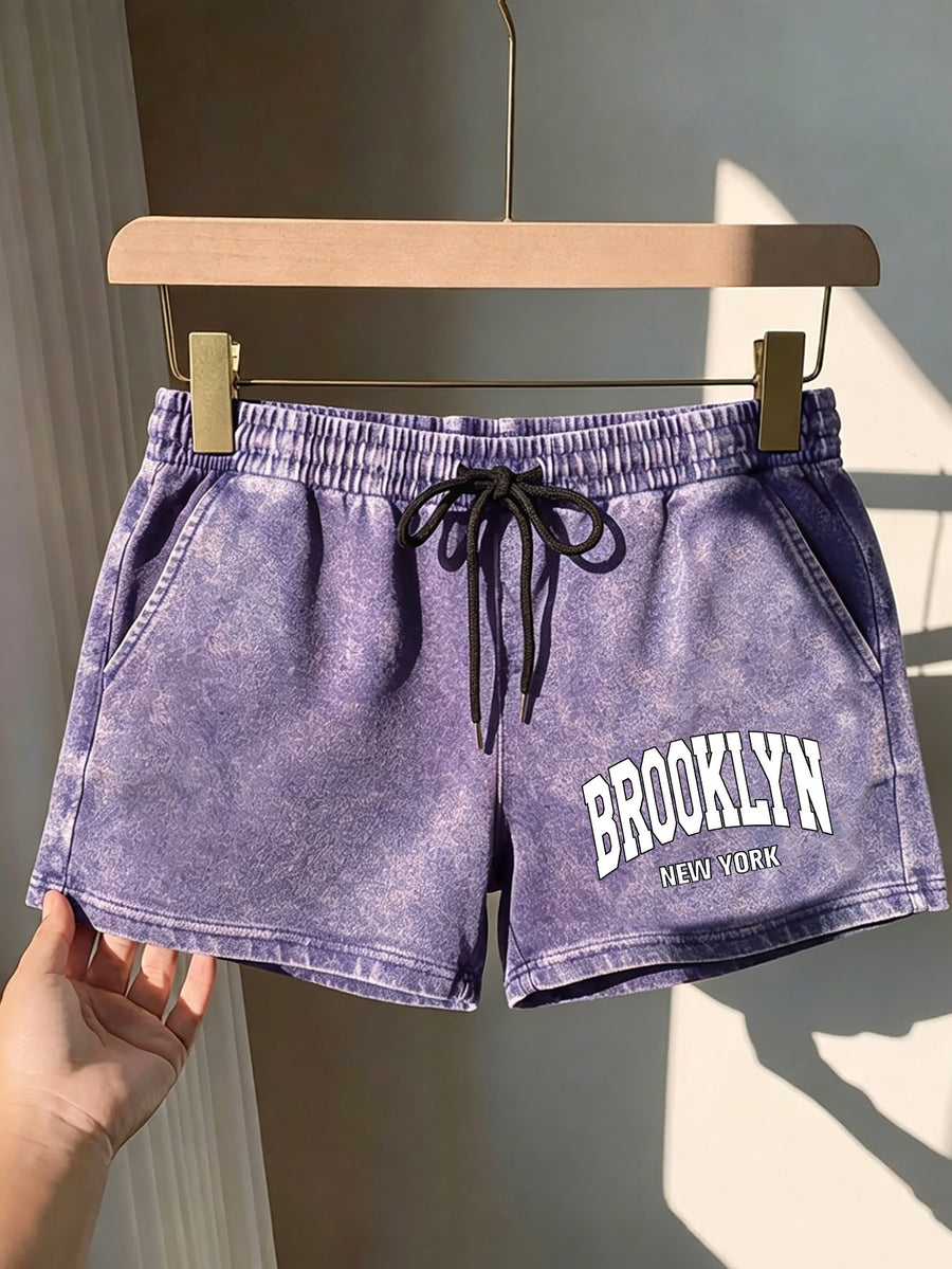 Summer Trendy Fashion Women'S Distressed Washed Shorts "BROOKLYN NEW YORK" Printed American Retro Preppy Style Comfortable for Hot Weather, with Adjustable Drawstring Waist And Pockets, Classic Silhouette, Comfortable Fit, Machine Washable Shorts - Dark Violet