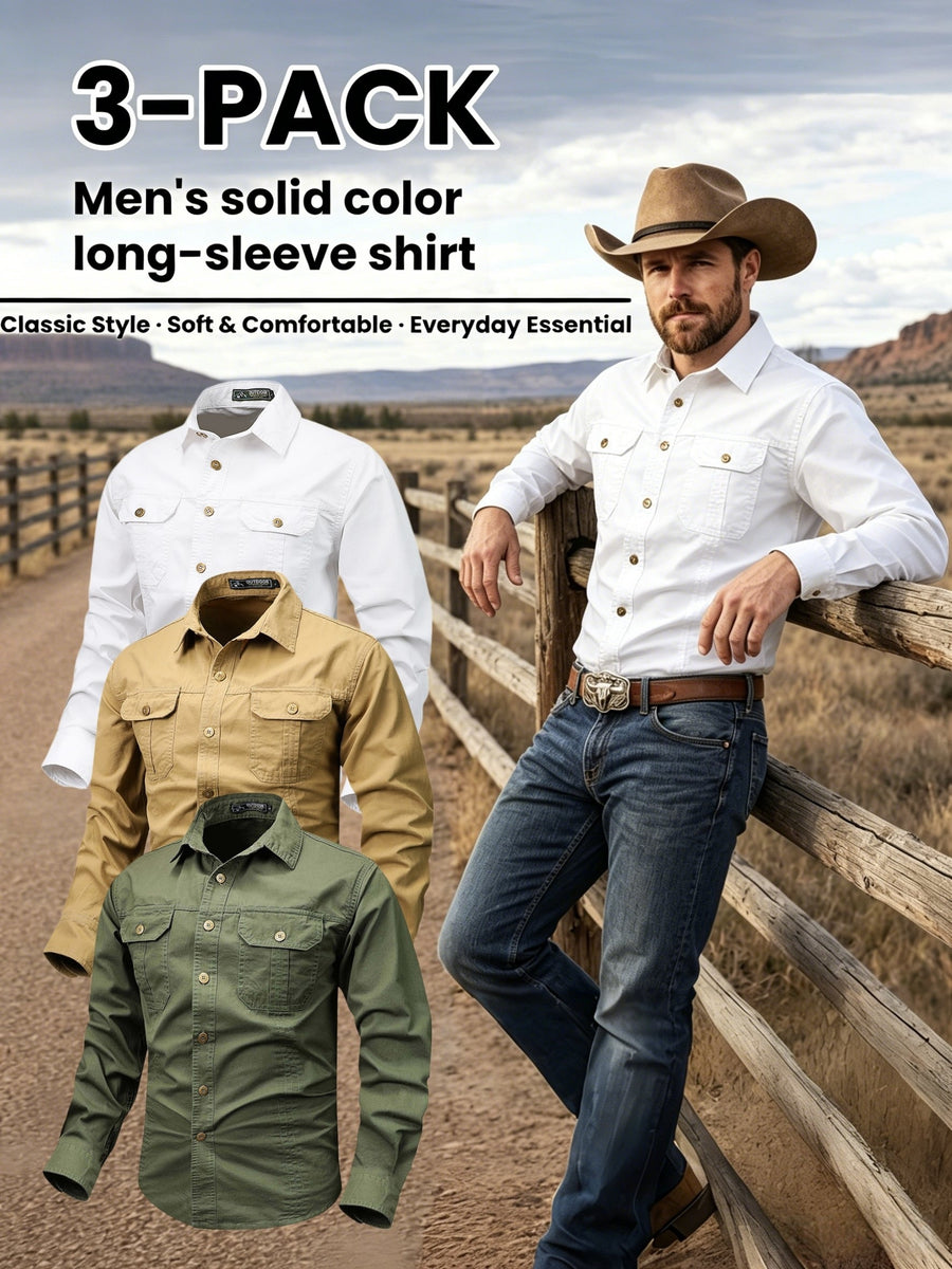 Men'S 3pcs Set of Solid Color Long-Sleeve Work Shirts, Double-Pocket Practical Western Style Shirts, Suitable for Outdoor, Construction Site, Commuting And Various Indoor/Outdoor Scenarios, Autumn Menswear - White + Khaki + Green