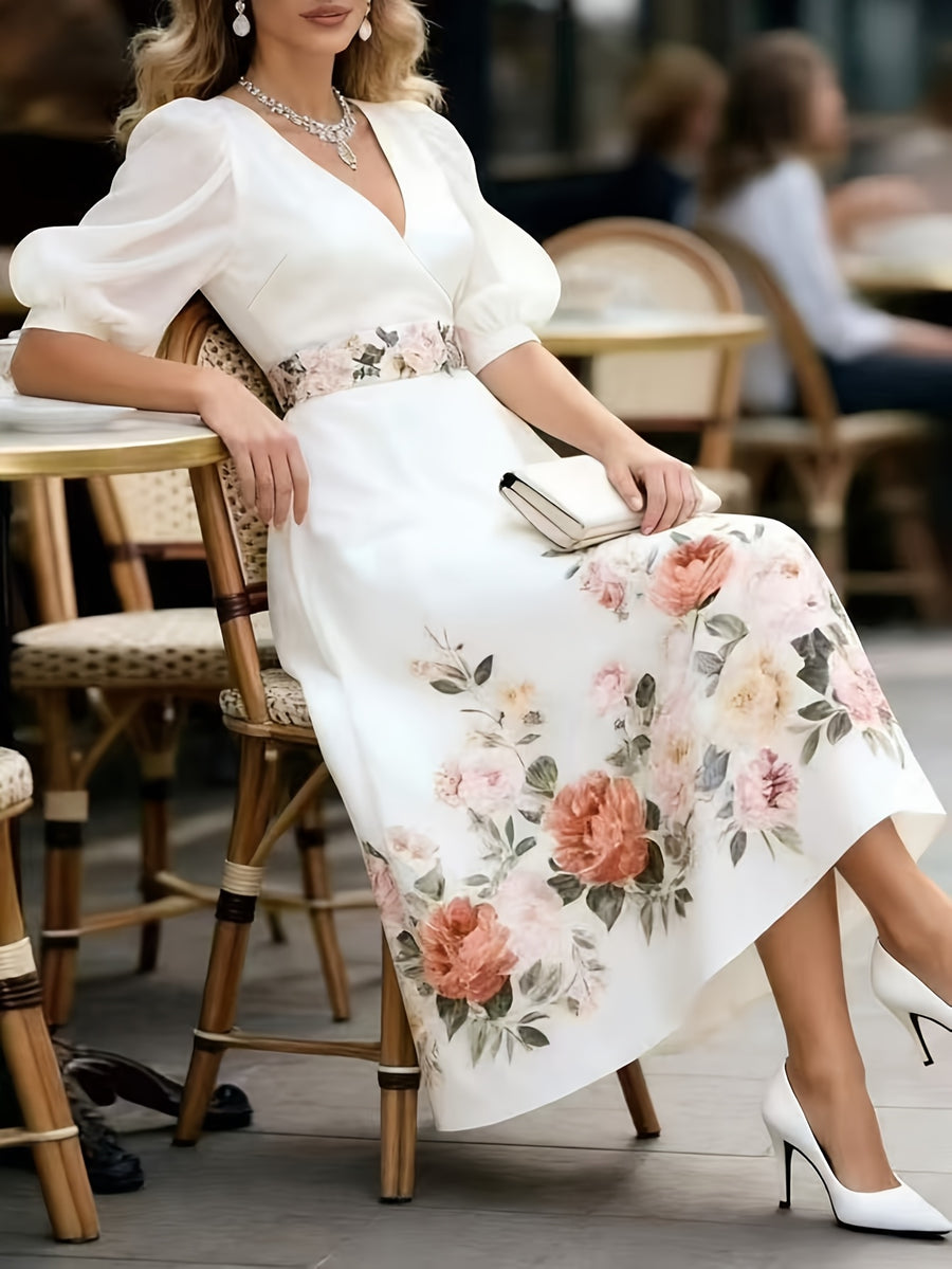 French Retro V-Neck Floral Dress, Puff Sleeve Waist-Cinching Tie-Belt Long Dress for Dates, Afternoon Tea, And Commuting - Multicolor