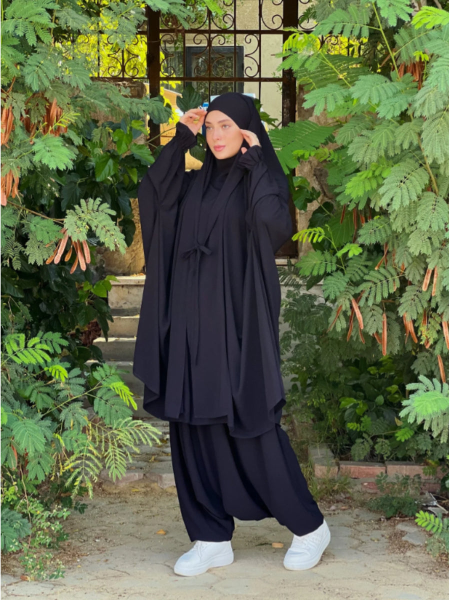 New Women's Middle Eastern Dubai Turkish Abaya Headscarf Matching S Casual Pants Set P303 - Black