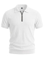 3pcs Men'S Half-Zip Vertical Ribbed Light Luxury Knit Short Sleeve Polo Shirt Set, Soft Breathable Collared Solid Color Top, Regular Fit, Casual Commute, Office, Beach, Camping, Vacation Leisure Versatile Men'S Wear, Olive Green, Beige, Navy, White - White+khaki+black