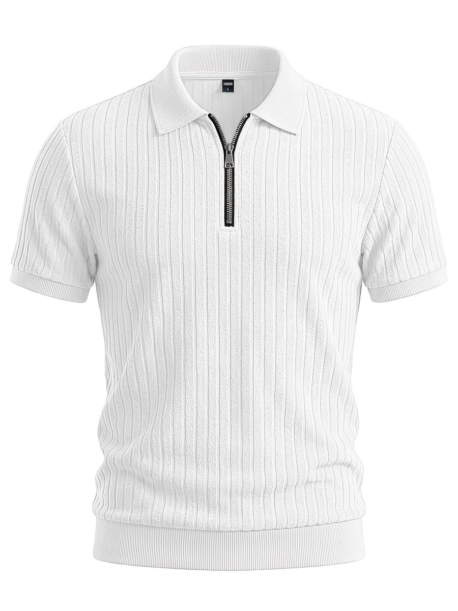 3pcs Men'S Half-Zip Vertical Ribbed Light Luxury Knit Short Sleeve Polo Shirt Set, Soft Breathable Collared Solid Color Top, Regular Fit, Casual Commute, Office, Beach, Camping, Vacation Leisure Versatile Men'S Wear, Olive Green, Beige, Navy, White - White+khaki+black