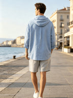 2026 New Men's Hooded Shirt, Soft and Breathable Linen Fabric, for Vacation, Travel, Leisure, Outdoor Fishing, and Beach - Sky Blue