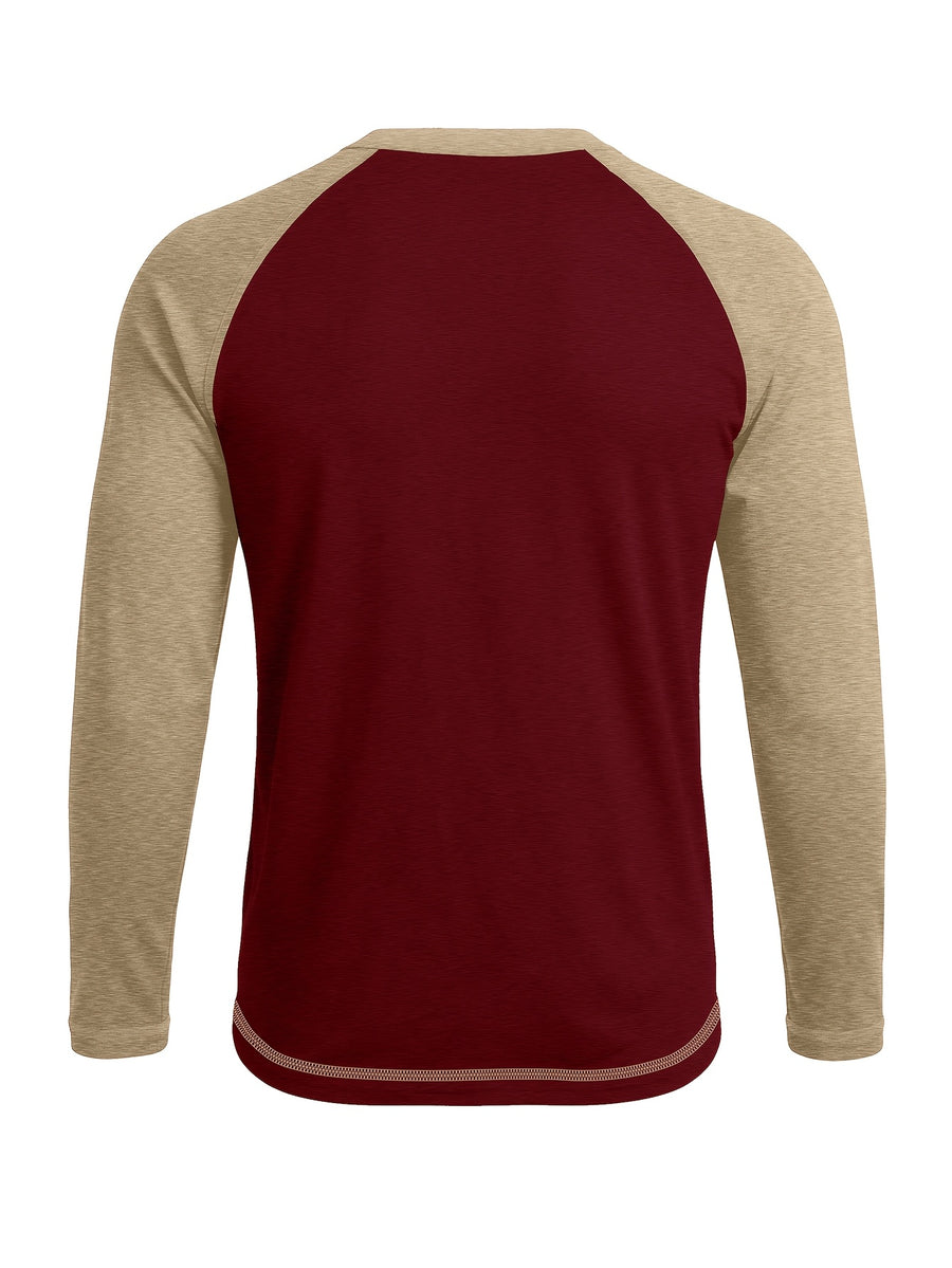 Cross-Border Men'S Long Sleeve Round Neck T-Shirt, Export European And American Men'S Clothing Color-Block Top Base Layer - Burgundy