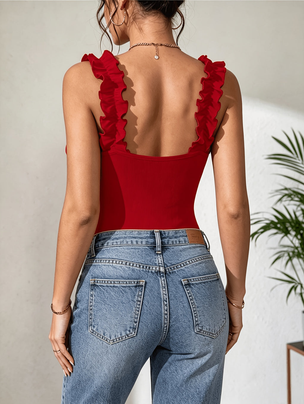 Solid Color Pleated Thin Strap Bodysuit - Red