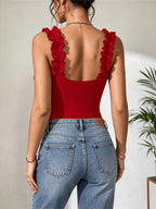Solid Color Pleated Thin Strap Bodysuit - Red
