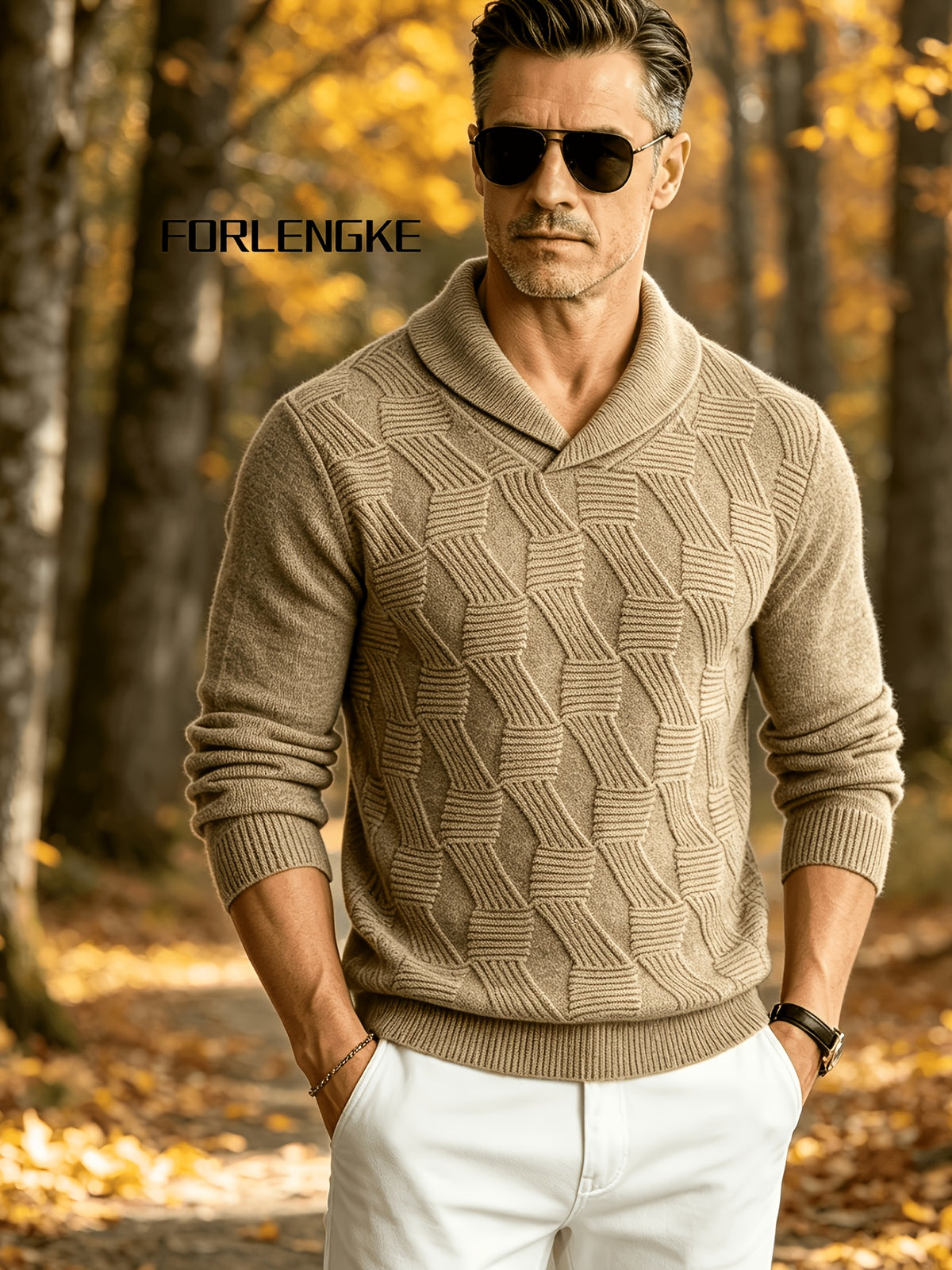 FORLENGKE Men's Business Casual Stylish Geometric Textured Knit Sweater, Soft Warm Long Sleeve Pullover for Fall Winter Office Daily Wear - Khaki