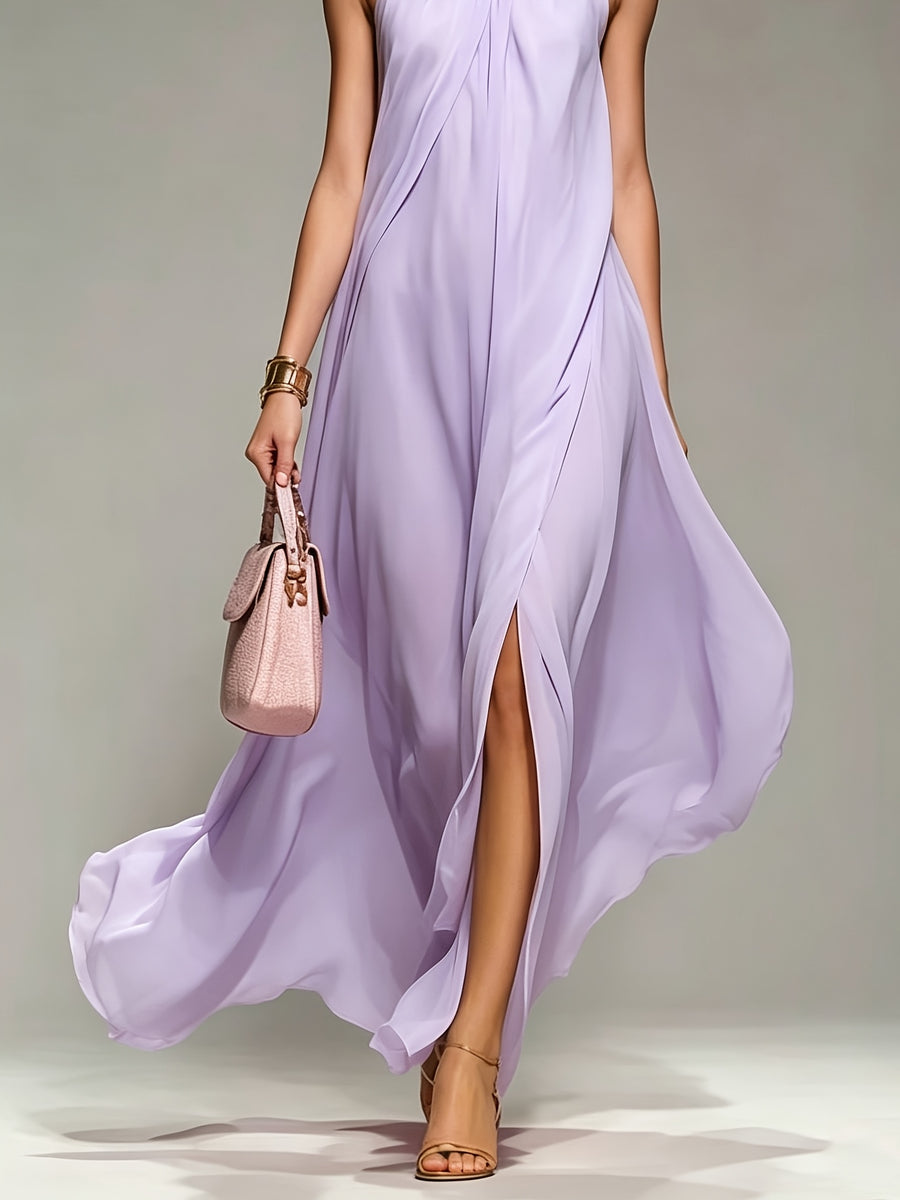 New Spring/Summer 2026 Small Round Neck Fashionable Split Versatile Women's Dress - Purple
