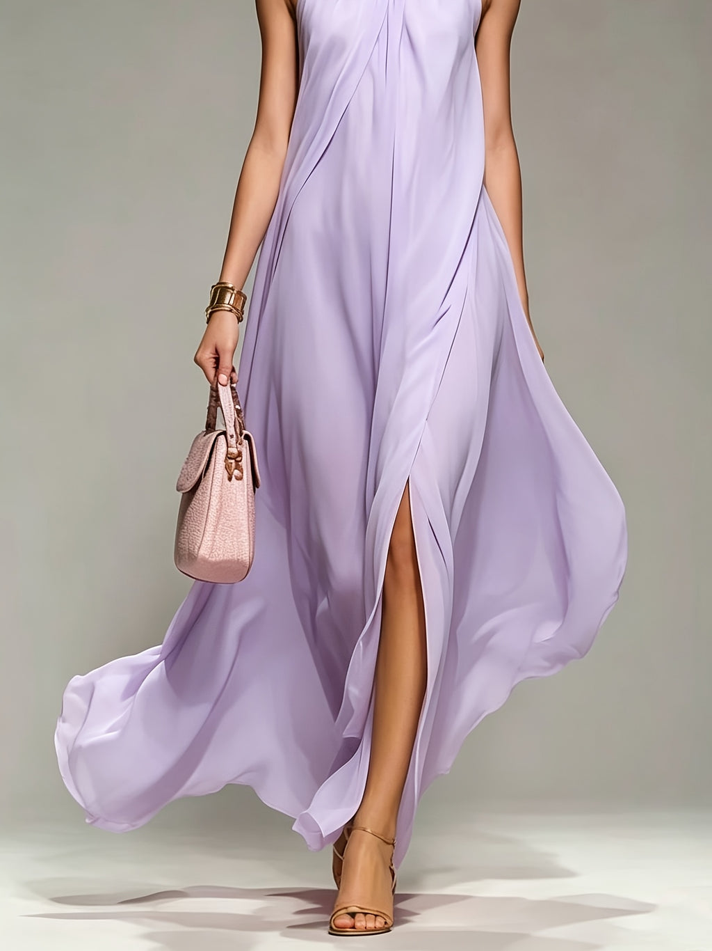 New Spring/Summer 2026 Small Round Neck Fashionable Split Versatile Women's Dress - Purple