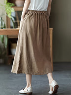 Women's Workwear A-Line Skirt with Elastic Waist, Mid-Length Solid Color Slit Skirt (Belt and Drawstring Not Included) - Khaki