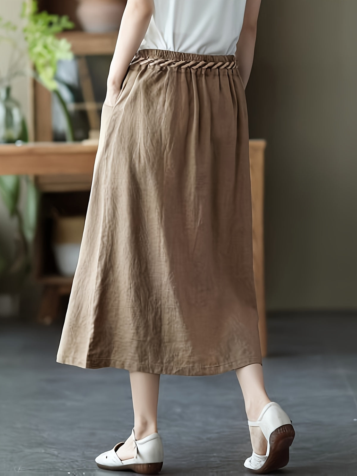Women's Workwear A-Line Skirt with Elastic Waist, Mid-Length Solid Color Slit Skirt (Belt and Drawstring Not Included) - Khaki