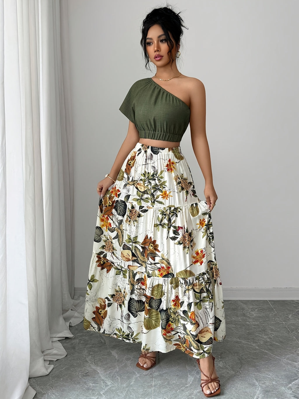 Bohemian Style Women'S Asymmetrical Neckline Short Top, with Raglan Short Sleeves And Ruffled Hem Skirt Two-Piece Set, Floral Pattern, Multicolor Fabric, Camouflage Search - Polychrome