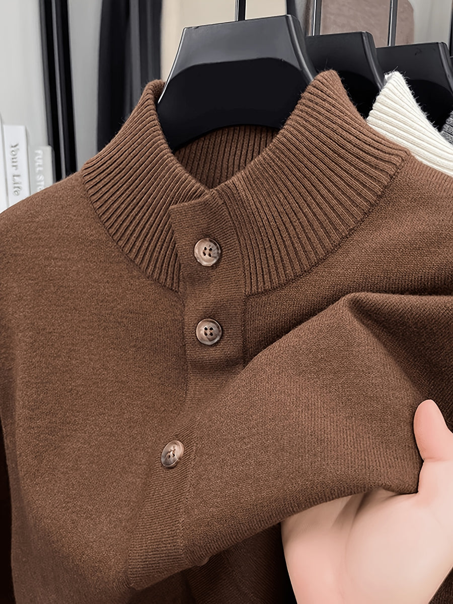 Men'S Solid Color Stand Collar Button-Up Sweater, Long Sleeve Fitted Knit Jacket, Soft Warm Blended Velvet Sweater Coat, Business Casual Daily Commute Fall Winter Outerwear, Classic Solid Color Men'S Knit Top - Mocha Brown