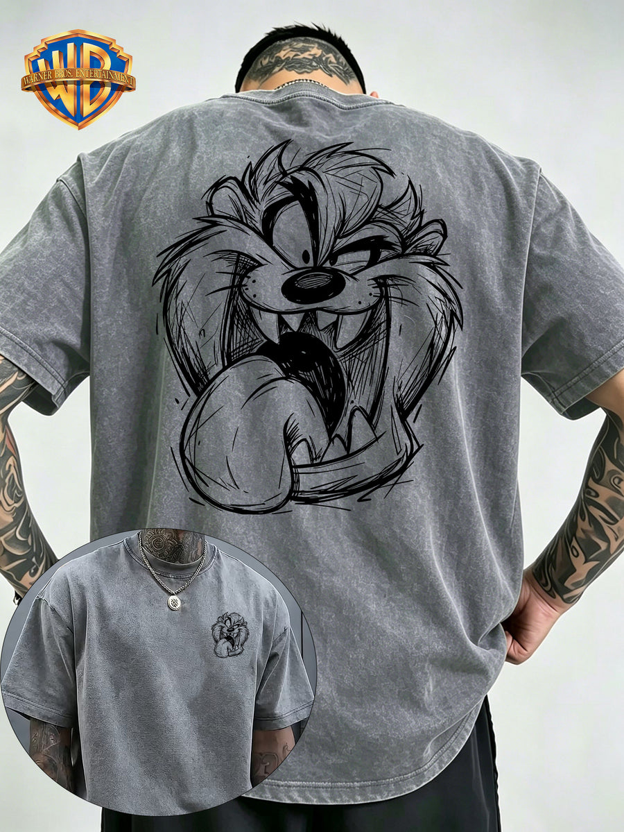 Le Yitong Big Mouth Monster Big Head Sketch Front And Back Print Washed T-Shirt, American Retro Washed Distressed Style Loose Short Sleeve, Unisex Machine Washable T-Shirt, Suitable for Daily Wear, Commuting, And Outdoor Outfits - Grey