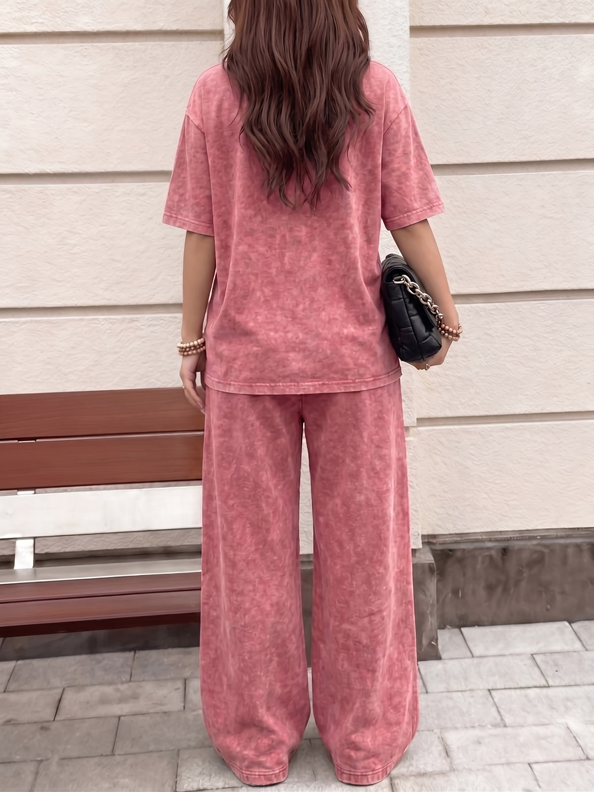 Easy Style Heartbeat Line Heart EKG Pattern Print, Women'S 2Pcss Set, Women'S Retro Washed Fabric Loose Casual Round Neck Short Sleeve T-Shirt And Elastic Waist Drawstring Retro Washed Casual Athletic Long Pants Women'S 2Pcss Set - Red+Red