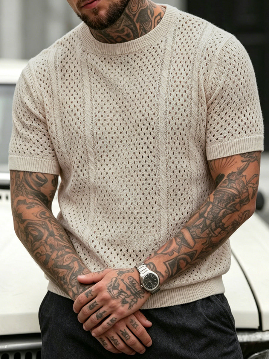 Men'S Sweater, Summer Hollow Short-Sleeve Knit Top, Men'S Comfortable Breathable Round-Neck T-Shirt Sweater, 2026 New Vintage Relaxed Style Top - Apricot