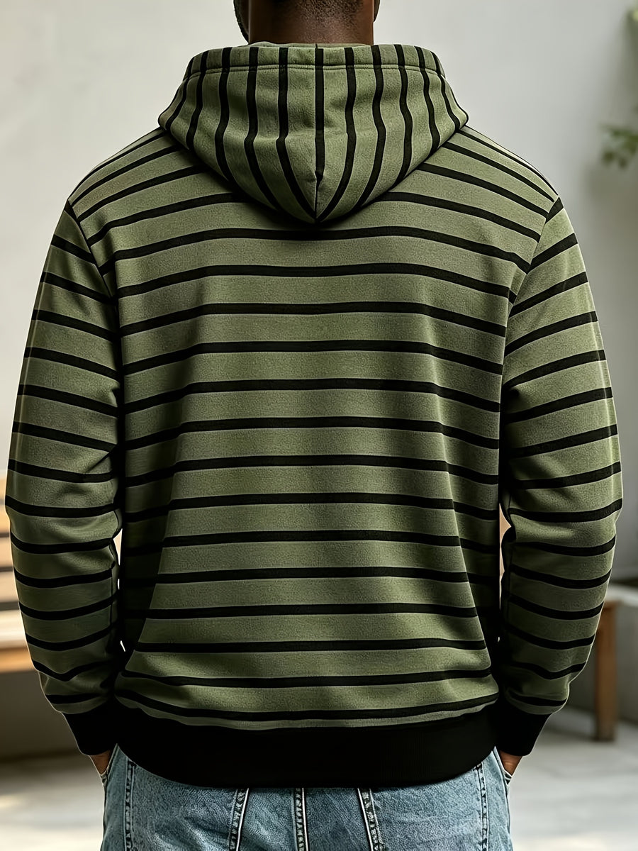2026 New Men'S Striped Hooded Sweatshirt, Half-Button Drawstring Hoodie, Casual Long Sleeve Pullover Top - Military Green