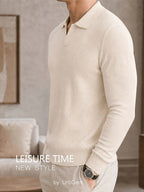 Men's Waffle Textured Long Sleeve Polo Sweater, V Notch Collar Soft Lightweight Knit Pullover, Slim Fit Business Casual Knitted Top for Office Daily Gentlemen Wear - Off-white