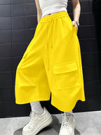 American Street Style Summer Yellow Women'S Multi-Pocket Design Elastic High-Waist Loose Wide-Leg Casual Cargo Capri Pants, Women'S Casual Sweatshirt Shorts Y2K - orange yellow