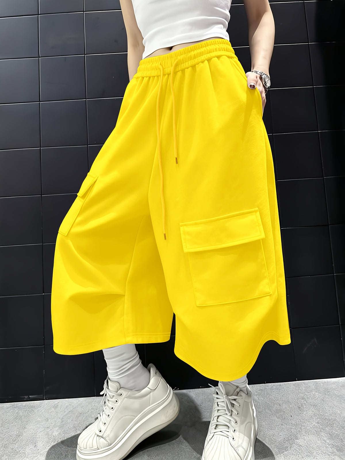 American Street Style Summer Yellow Women'S Multi-Pocket Design Elastic High-Waist Loose Wide-Leg Casual Cargo Capri Pants, Women'S Casual Sweatshirt Shorts Y2K - orange yellow