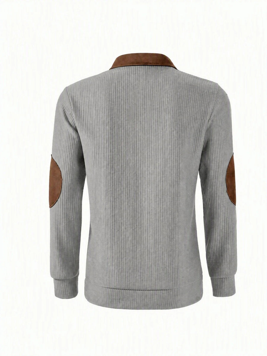 New Christmas Men's Autumn/Winter Brushed Ribbed Cable Knit Sweater, Casual Color-Block Long Sleeve Patchwork Plush Sport Henley Zip-Up Top - Dark Gray