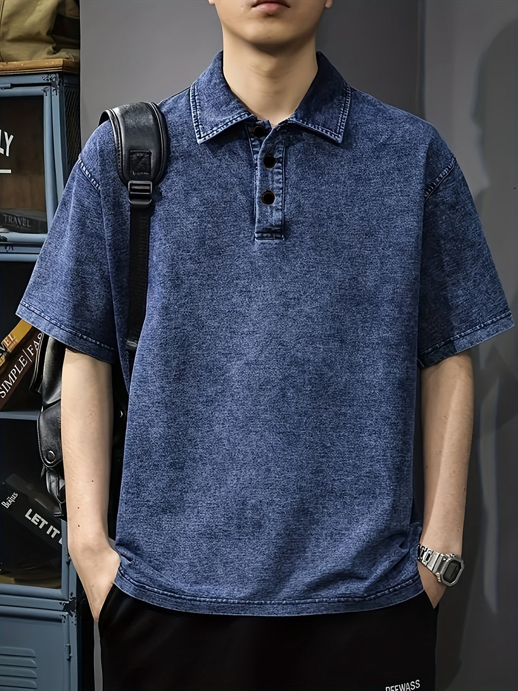 Men's American-Style Denim Short-Sleeve Polo Shirt, Summer Loose-Fit Lapel Heavyweight Premium T-Shirt - Blue