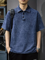 Men's American-Style Denim Short-Sleeve Polo Shirt, Summer Loose-Fit Lapel Heavyweight Premium T-Shirt - Blue