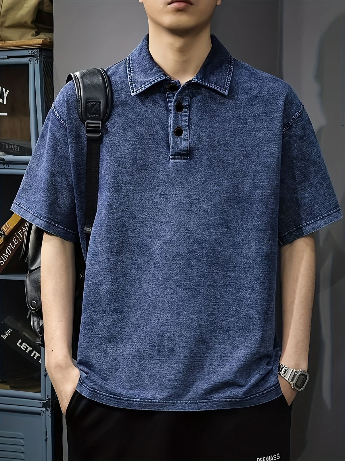 Men's American-Style Denim Short-Sleeve Polo Shirt, Summer Loose-Fit Lapel Heavyweight Premium T-Shirt - Blue