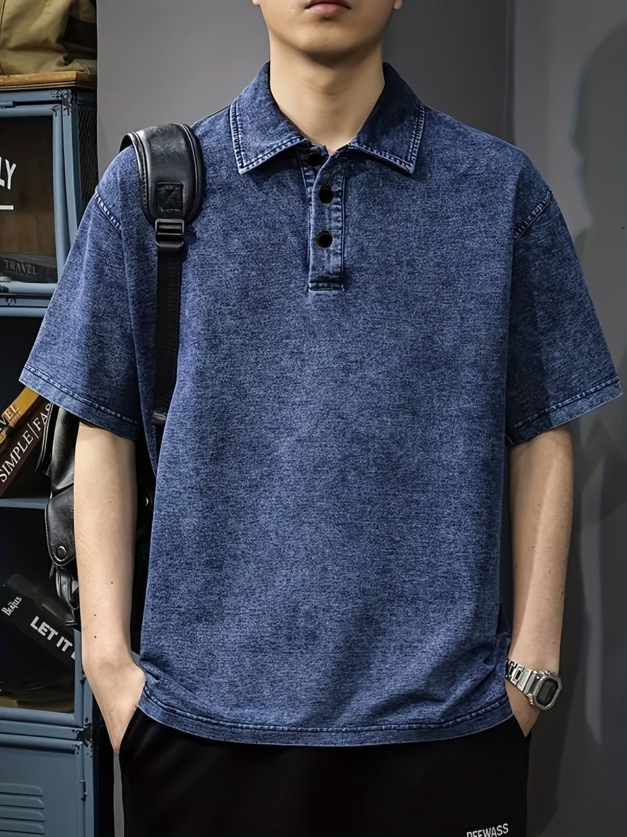 Men's American-Style Denim Short-Sleeve Polo Shirt, Summer Loose-Fit Lapel Heavyweight Premium T-Shirt - Blue