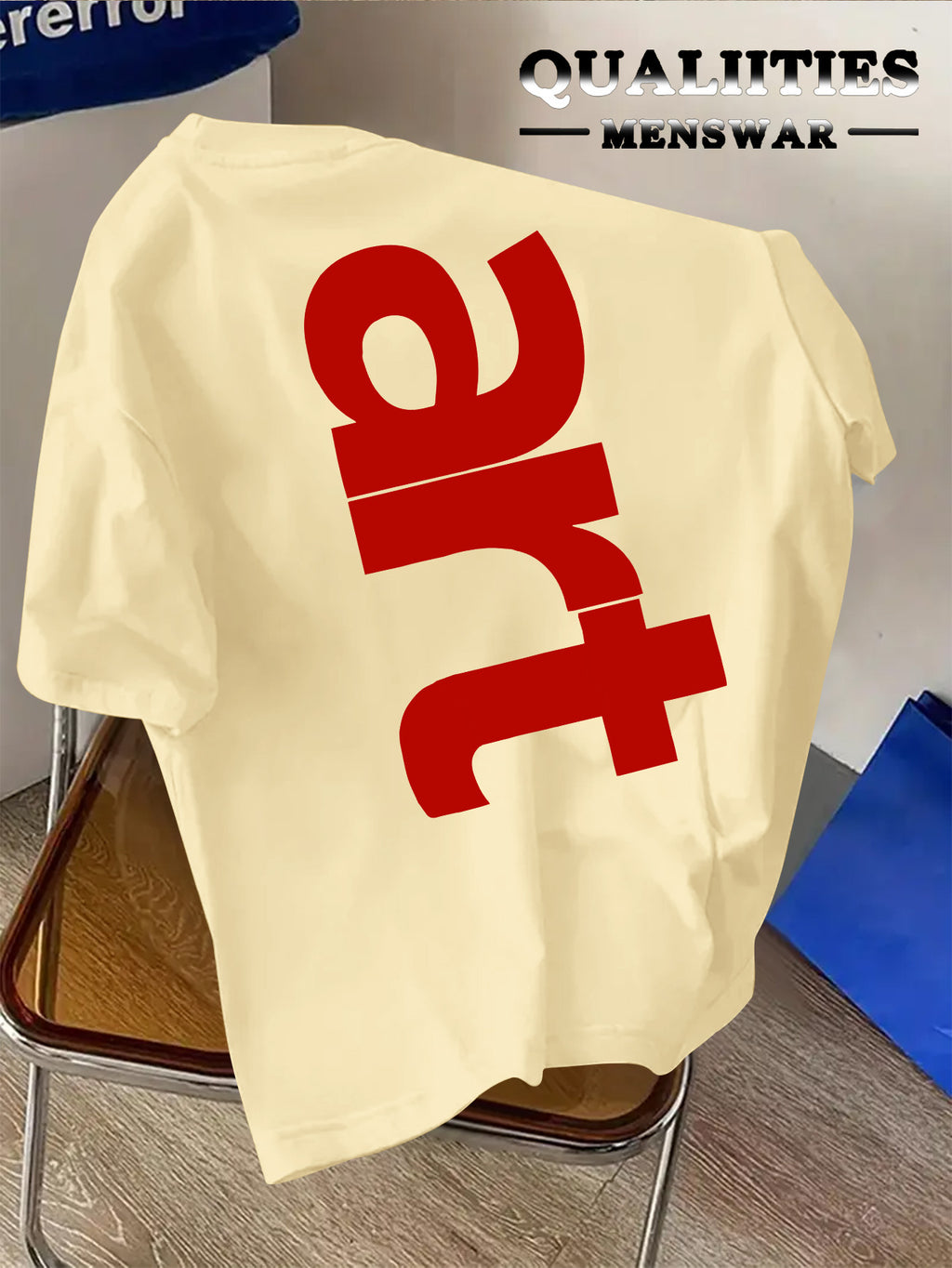 Men'S Fashion Short Sleeve T-Shirt, Minimalist Red Letter Pattern Print, Casual Regular Knit Tee, Suitable for Daily Wear, Couple Style, Unisex, Summer New Arrival, Versatile Style - Khaki
