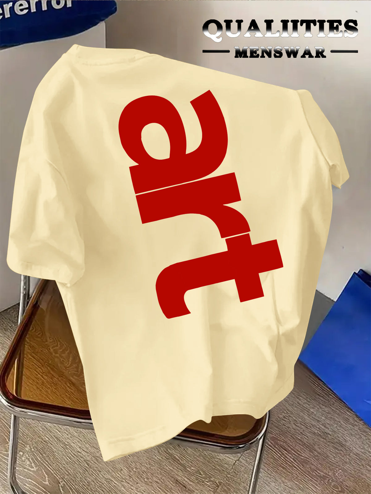 Men'S Fashion Short Sleeve T-Shirt, Minimalist Red Letter Pattern Print, Casual Regular Knit Tee, Suitable for Daily Wear, Couple Style, Unisex, Summer New Arrival, Versatile Style - Khaki