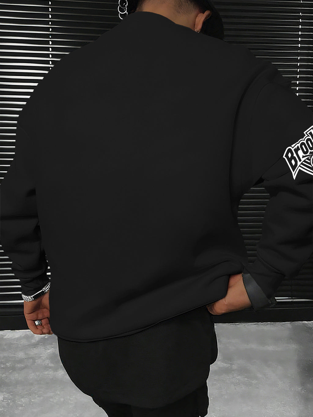 Men'S Fashion Casual "Brooklyn Victory" Letter Print Sweatshirt, Polyester Fabric, Loose Fit, Versatile Men'S Sweatshirt - Midnight Black